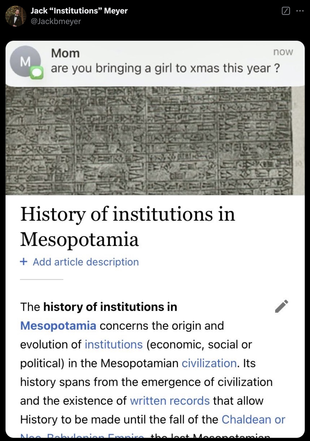 screenshot - Jack Institutions" Meyer M Mom now are you bringing a girl to xmas this year? History of institutions in Mesopotamia Add article description The history of institutions in Mesopotamia concerns the origin and evolution of institutions economic